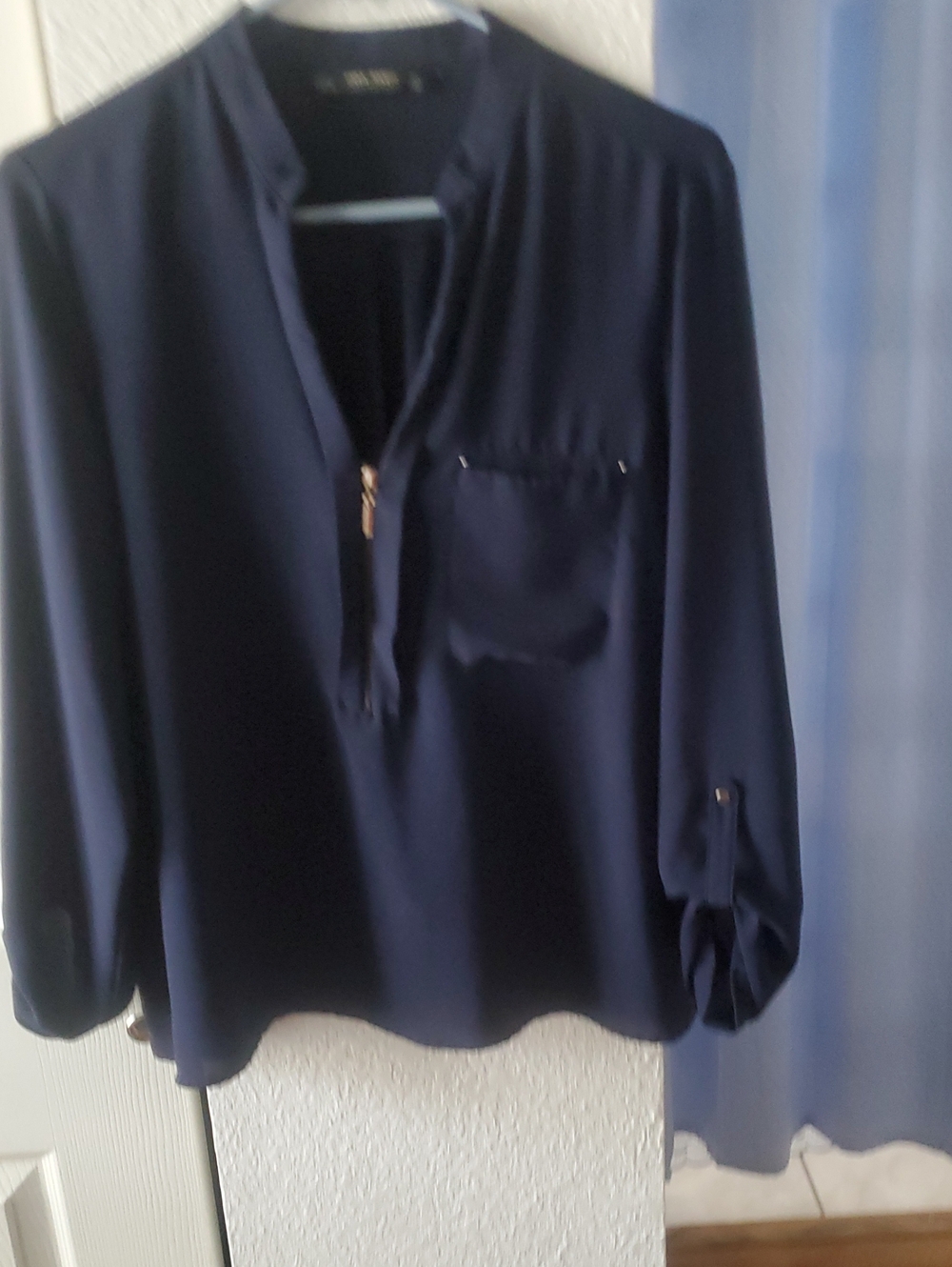 Zara Navy Zip-Pocket Long Sleeve Blouse